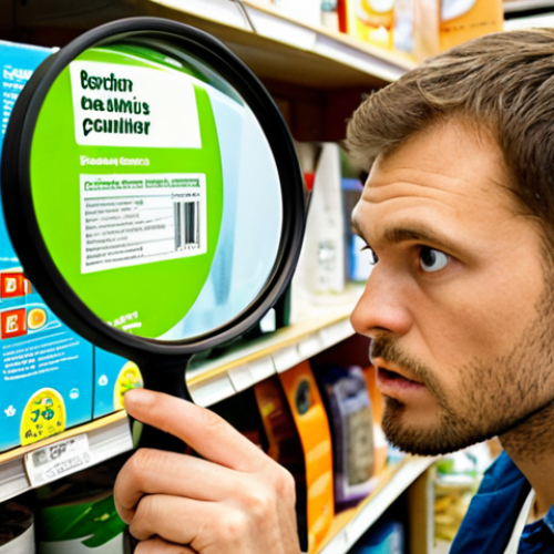 Home 4 A skeptical consumer examining a product with a "green" label under a magnifying glass, revealing hidden plastic components and small print that contradicts the eco-friendly claims. The background is a cluttered store shelf with various products making similar claims, highlighting the pervasiveness of greenwashing.