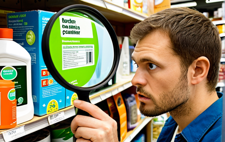 A skeptical consumer examining a product with a "green" label under a magnifying glass, revealing hidden plastic components and small print that contradicts the eco-friendly claims. The background is a cluttered store shelf with various products making similar claims, highlighting the pervasiveness of greenwashing.
