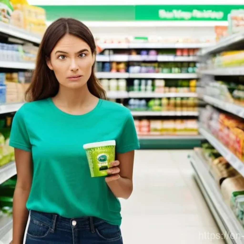 그린워싱의 심리적 요인 분석 - **Vague "Green" Overload in a Supermarket:**
    A consumer, a woman in her early 30s, stands in a b...