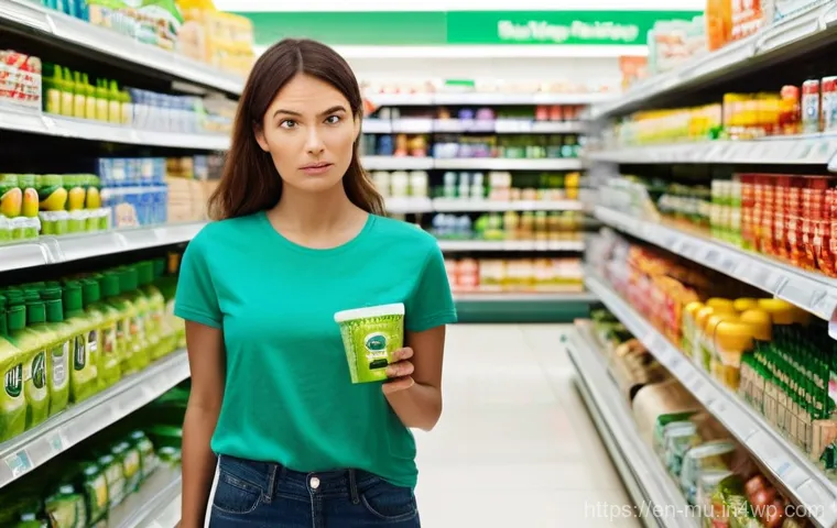 그린워싱의 심리적 요인 분석 - **Vague "Green" Overload in a Supermarket:**
    A consumer, a woman in her early 30s, stands in a b...