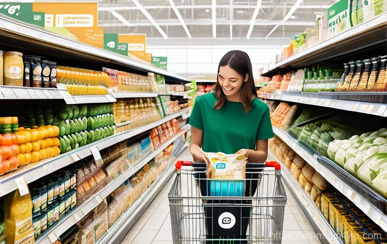 그린워싱과 진정한 지속 가능성의 차이 - Unmasking Greenwashing in the Supermarket Aisle**

A brightly lit, modern supermarket aisle. In the ...