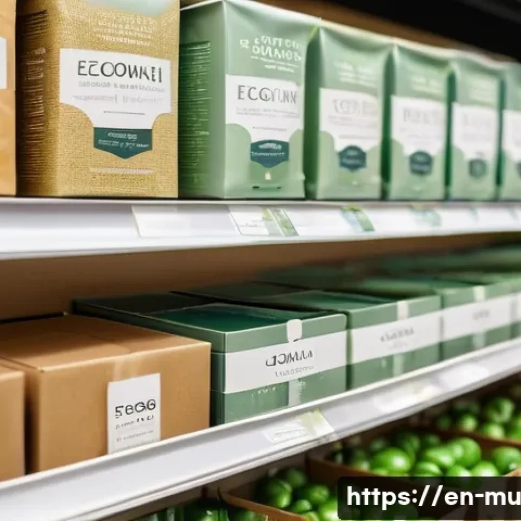 그린워싱의 심리적 요인과 소비자 행동 - A close-up of eco-friendly product packaging on a store shelf, featuring earth-tone colors like mute...