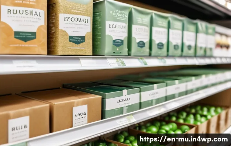그린워싱의 심리적 요인과 소비자 행동 - A close-up of eco-friendly product packaging on a store shelf, featuring earth-tone colors like mute...