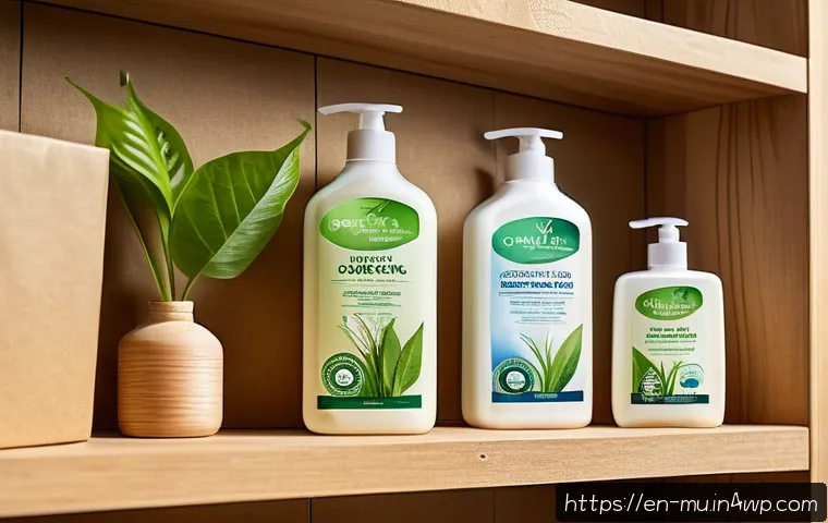 그린워싱과 소비자 보호법 - A modern eco-friendly product packaging design scene showing a variety of household items such as bi...