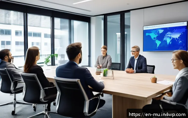 그린워싱 비판을 위한 리더십 개발 - A professional corporate meeting scene in a modern office with diverse executives and employees enga...