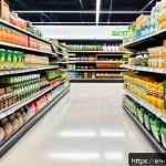 그린워싱과 국제적 환경 기준 - A vibrant, detailed supermarket aisle scene featuring a diverse range of eco-labeled products on she...