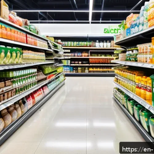 그린워싱과 국제적 환경 기준 - A vibrant, detailed supermarket aisle scene featuring a diverse range of eco-labeled products on she...