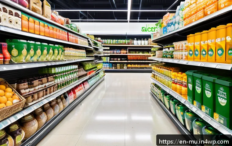 그린워싱과 국제적 환경 기준 - A vibrant, detailed supermarket aisle scene featuring a diverse range of eco-labeled products on she...