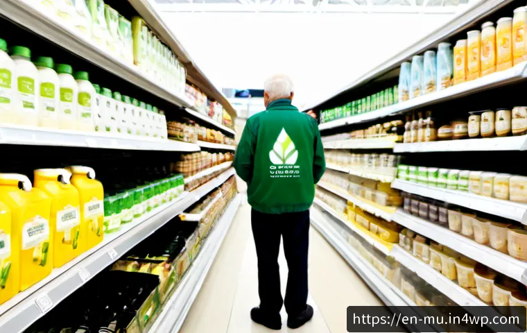 Home 30 그린워싱과 생태적 공정성 - Photorealistic split-scene comparison in a bright modern supermarket aisle: on one side, neatly arra...